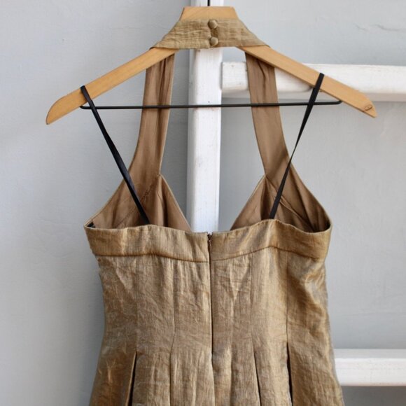 London Times VTG Y2K Gold Metallic Halter Pleated A-Line Midi Party Dress Size 2 - Picture 7 of 7